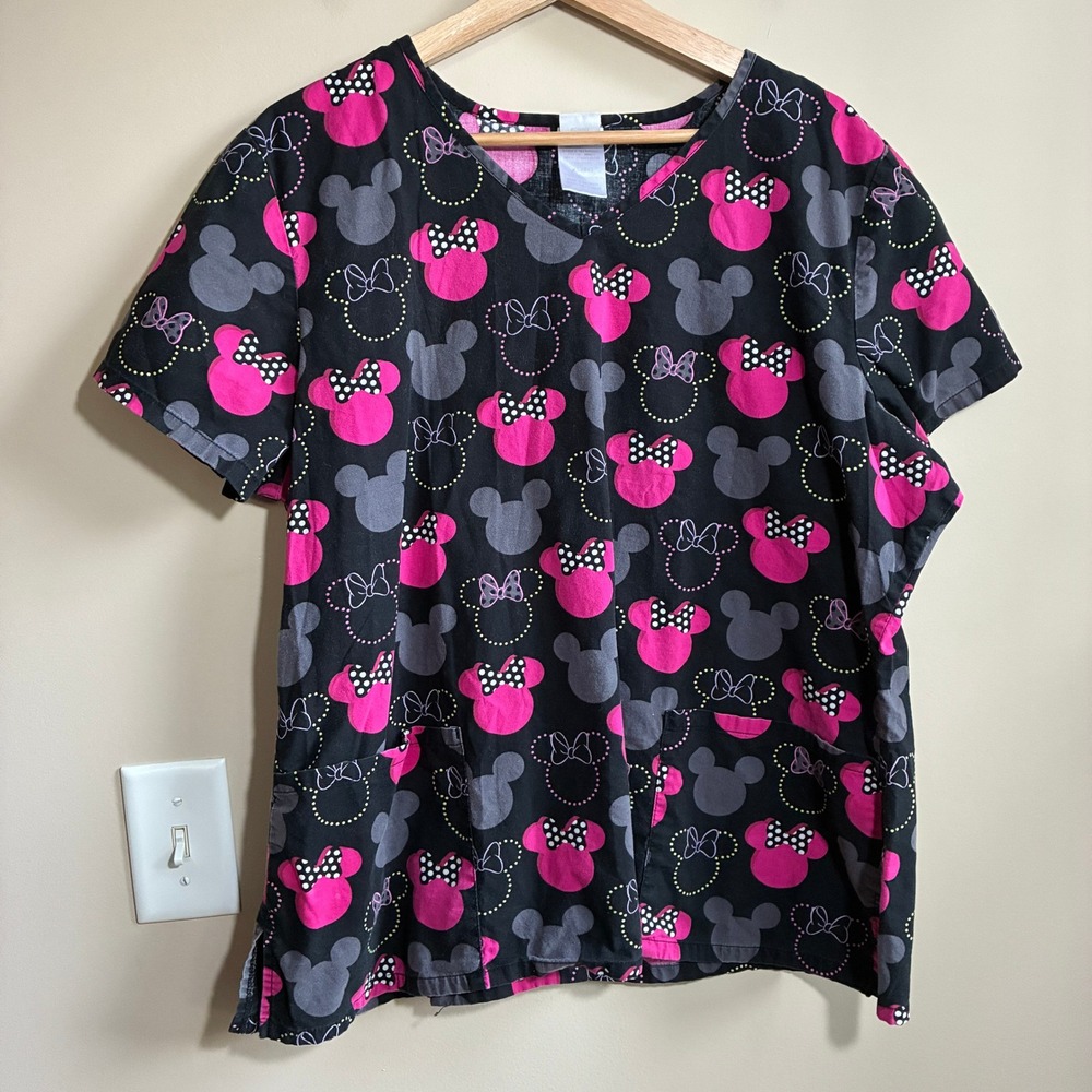 Disney Minnie Mouse Scrub Top XL Black Pink Women V-Neck Character Print